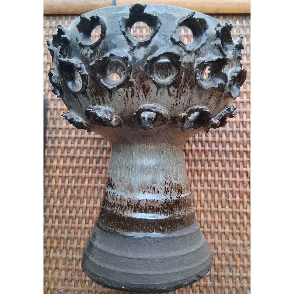 E. Glud Denmark studio pottery vase with textured, perforated rim/ ribbed base.